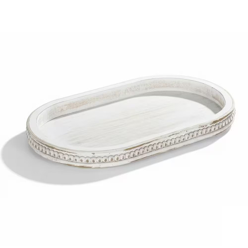 White beaded wood oval tray - white,